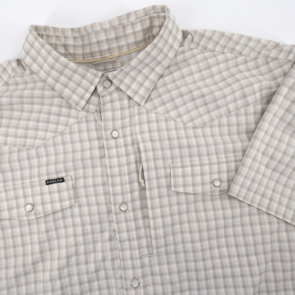 Poncho Slim Fit Plaid Check Western Pearl Snap Shirt Tan Short Sleeve Mens XXL